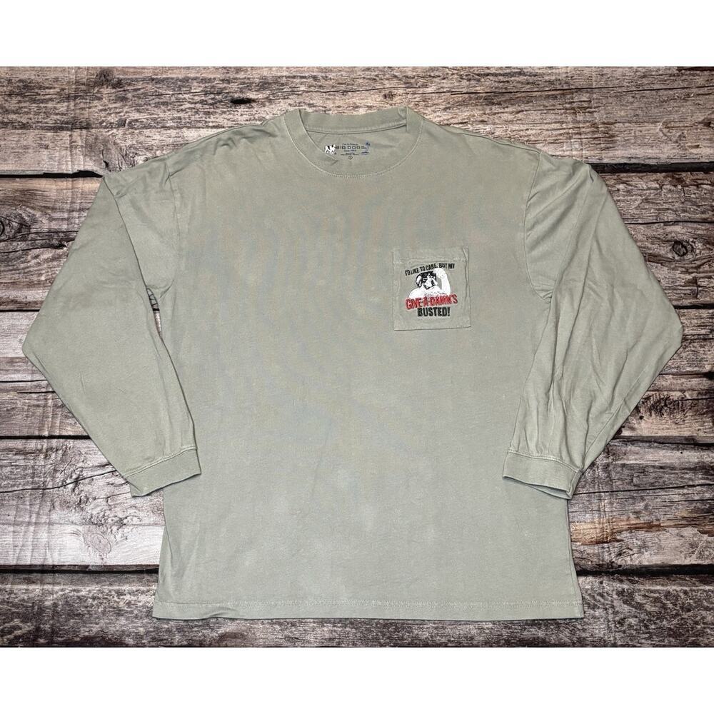 Big Dogs Long Sleeve T Shirt Embroidered Pocket Give a Damn's Mens Size XL Green